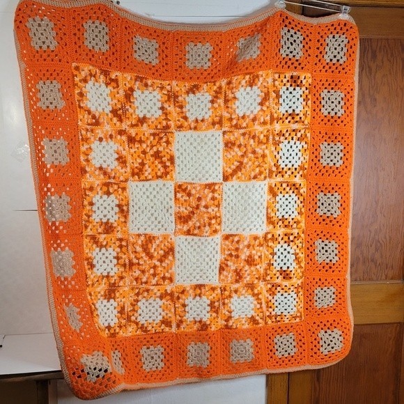Unbranded Other - Handmade Orange/White/Grey Granny Square Afghan 51 X 57